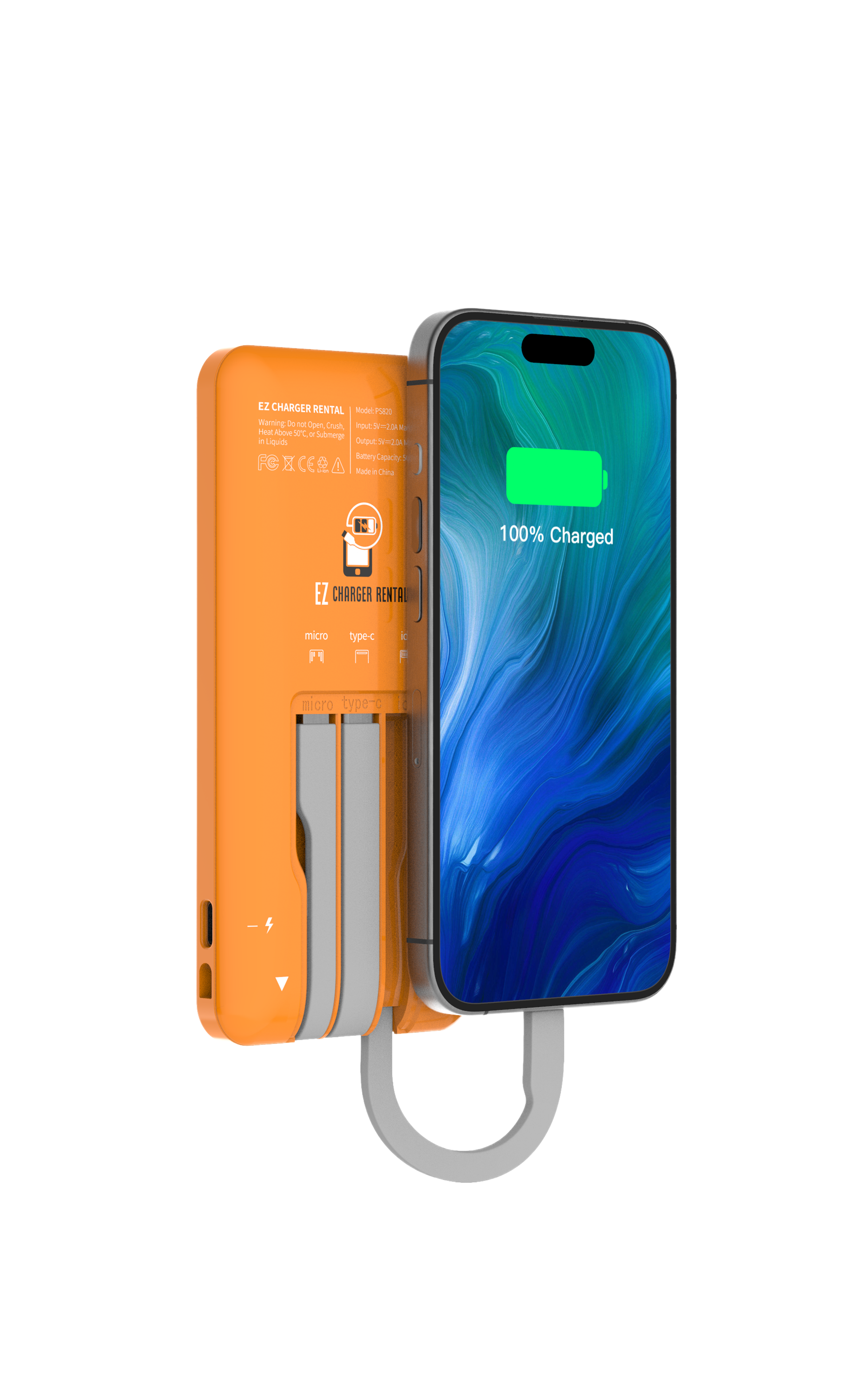 Branded EZ Charger Rental power pack and phone showing 100% charged