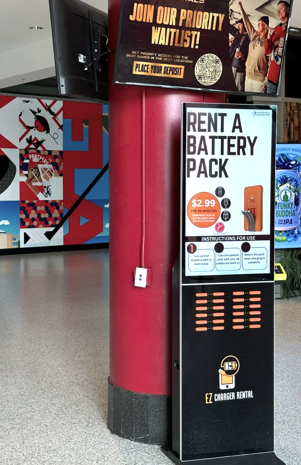 EZ Charger Rental kiosk deployed on a venue concourse