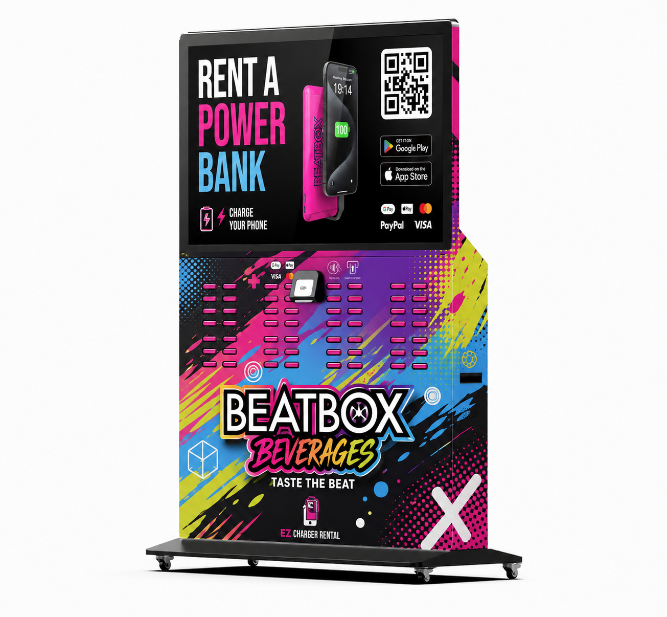 Flagship 96-pack kiosk wrap concept &mdash; Beatbox Beverages design