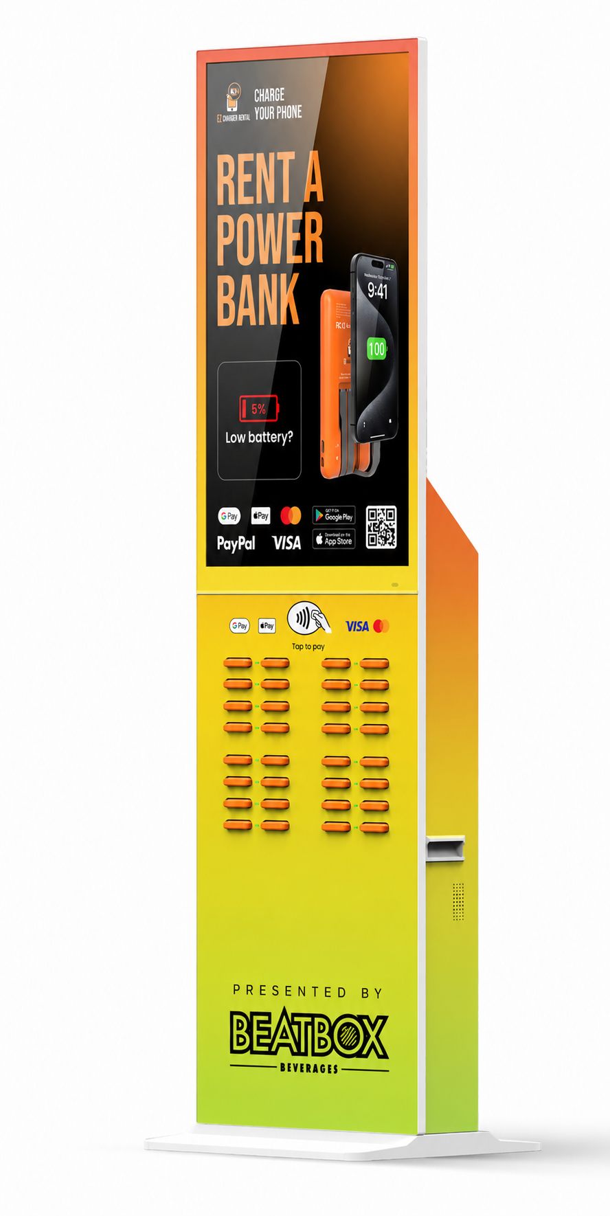 Standard kiosk wrap concept &mdash; yellow/orange Beatbox Beverages design