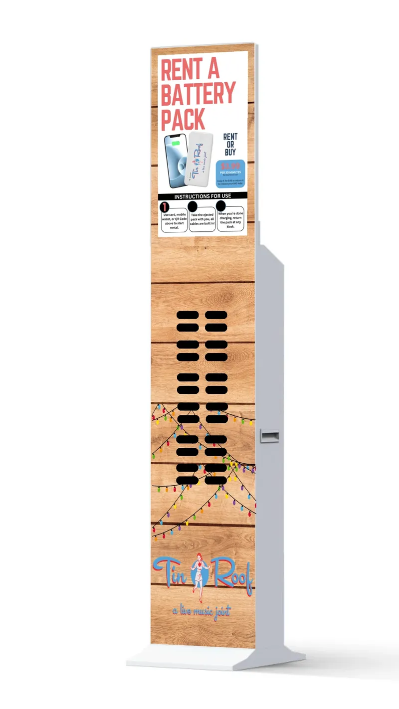 EZ Charger kiosk custom-branded for Tin Roof live music venue
